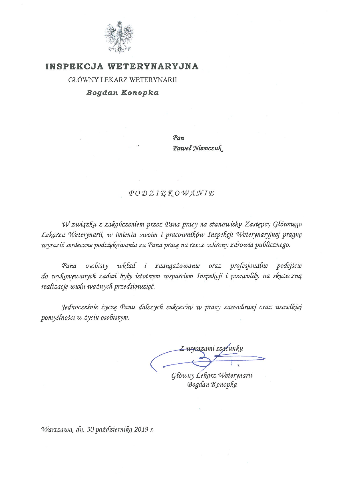 Podziękowanie za współpracę dla Pawła Niemczu